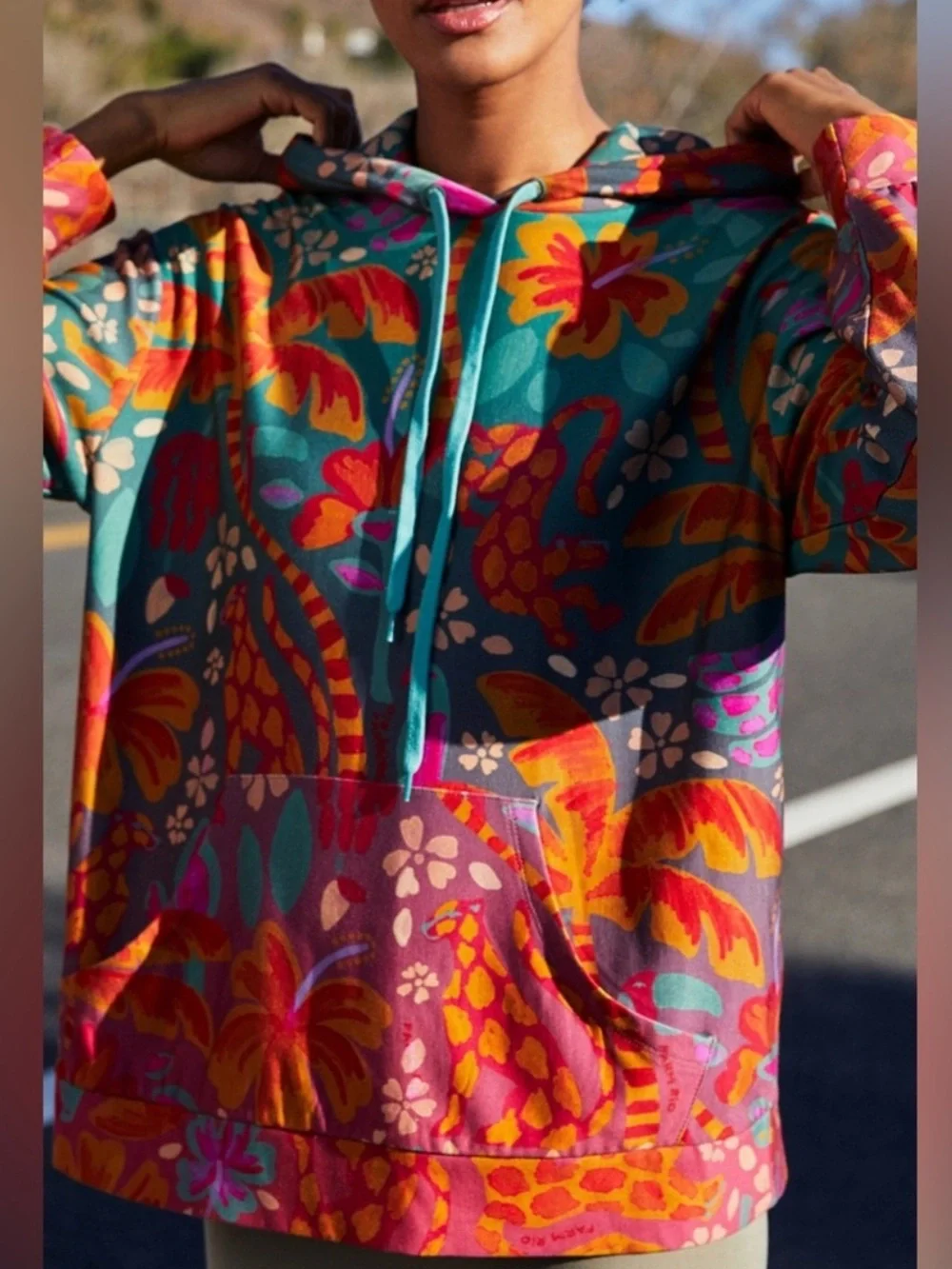 FARM Rio Teal & Pink Floral Pullover Hoodie